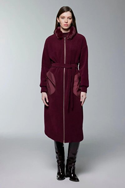 Zühre Burgundy Dress with Fur Collar and Belt Detail Giy Çık Gç-0316