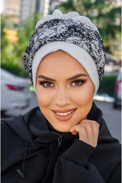 Aişe tesettür Boneta cu bandă din tricotaje etnice albe