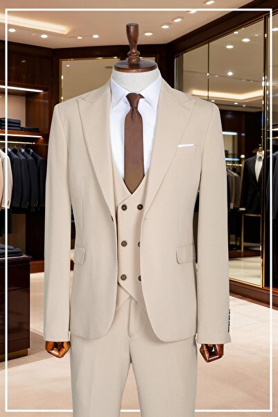 Salihtarzz İtalyan Kesim Slim Fit Krem Yelekli Takım Elbise | Yaka Puntolu Öz...