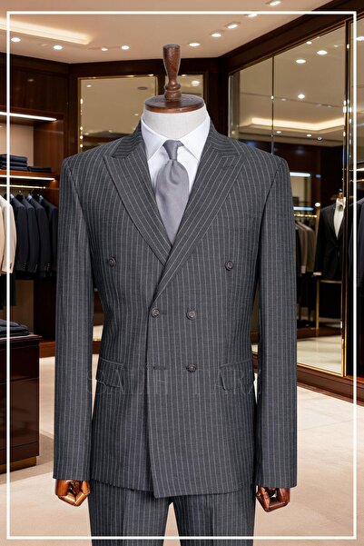 Salihtarzz İtalyan Kesim Slim Fit Çizgili Füme Kruvaze Takım Elbise – SD42344