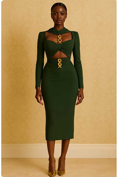 Divin store Green midi dress with cutouts and gold details