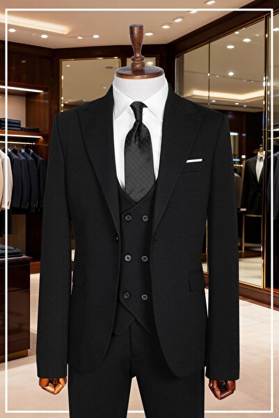 Salihtarzz İtalyan Kesim Slim Fit Siyah Yelekli Takım Elbise | Yaka Puntolu Ö...