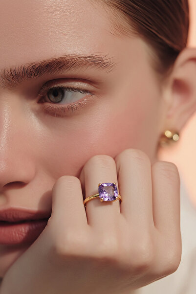 Utku Kuyumculuk 14 AYAR ÖZEL TASARIM KARE ASSCHER KESİM AMETİST TAŞLI ALTIN Y...