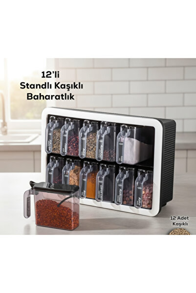 12'li Standlı Kaşıklı Baharatlık Takımı - Şeffaf Hazneli Modern Düzenleyici Baharat Seti