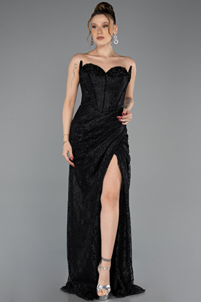 Abiyefon Siyah Straplez Korse Detay Uzun Dantel Abiye Elbise ABU5678