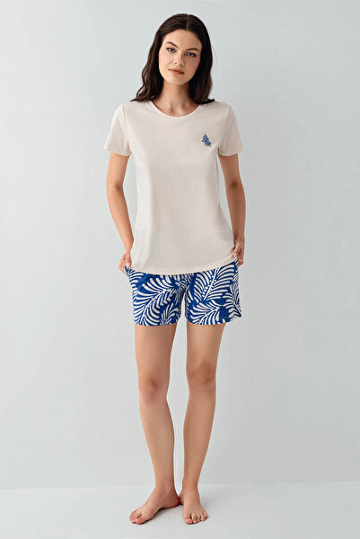 Arnetta Women's T-Shirt & Shorts Set, 50% Cotton 50% Modal, Crew Neck, Leaf P...