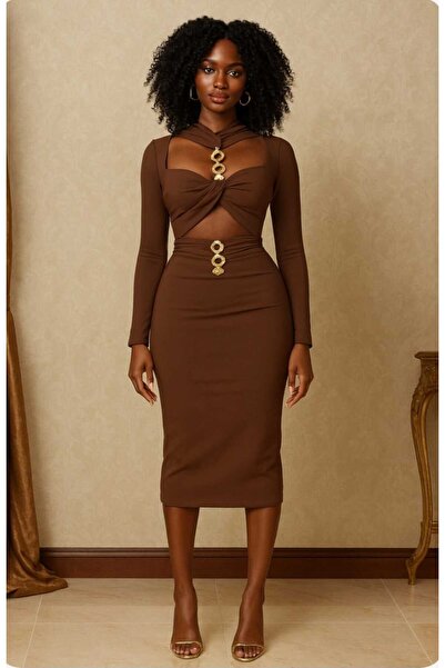 Divin store Brown midi dress with cutouts and gold details