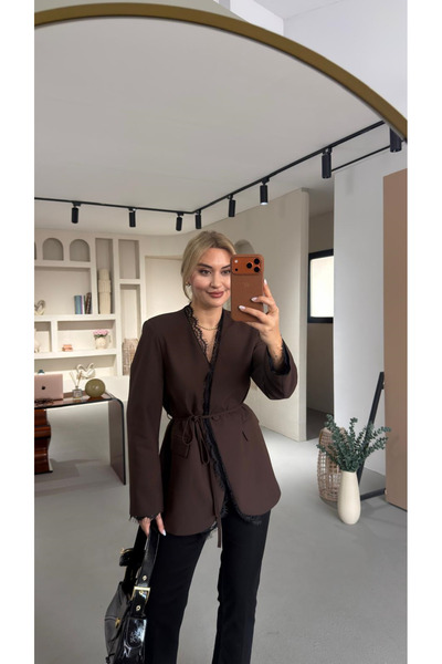 Sezgi Tekin Lace Detail Coffee Blazer Jacket