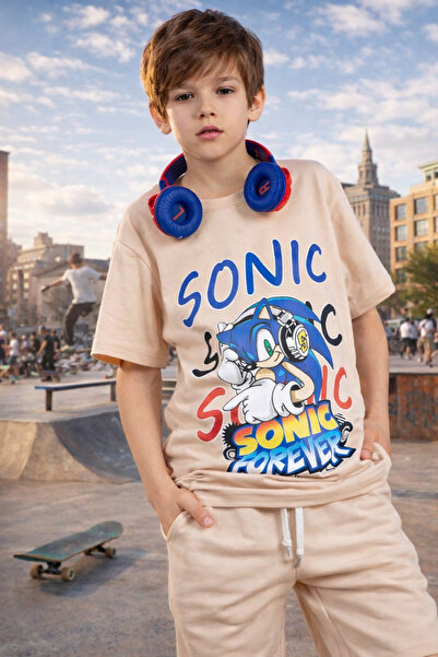 STYLENEST Krem Sonic Baskılı Erkek Çocuk Eşofman Takımı – Kısa Kollu Tişört v...