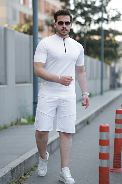 comstar Men's Zippered T-Shirt Basic Shorts White Summer Two-Piece Set
