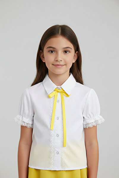 nacar çarşı Κοριτσίστικο Λευκό Πουκάμισο με Κίτρινο Φιόγκο και Δαντέλα, Ενδυμ...