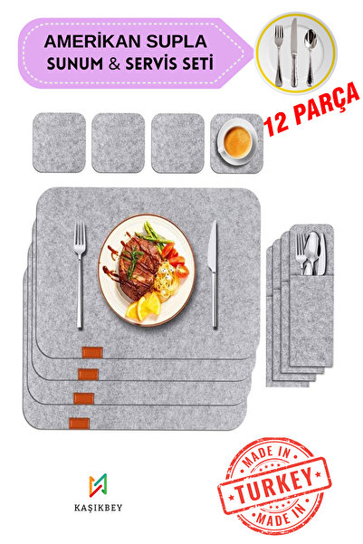 KAŞIKBEY Gray 12-Piece 4-Person Stylish Design American Food Serving Plate Pr...
