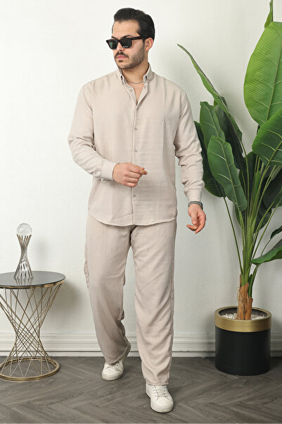 comstar Men's Trend Linen Shirt Baggy Sweatpants Cream Two-Piece Set