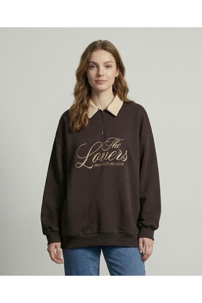 Quzu Embroidery Detailed Zippered Polo Collar Oversize Sweatshirt – Brown