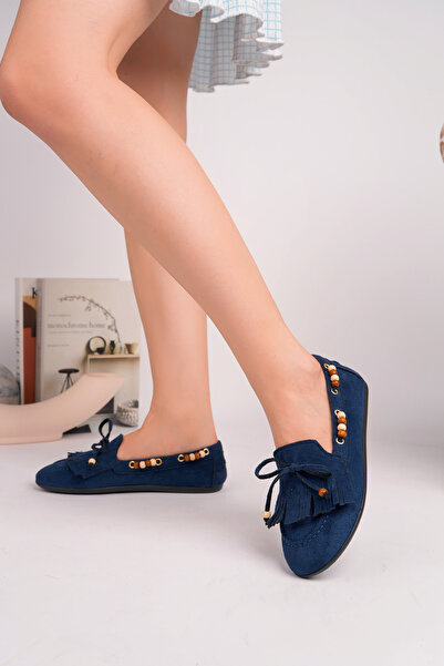 ROSETTE Kadın LAJİVERT Boncuk ve Püskül Detaylı Süet Loafer Günlük Babet Raha...