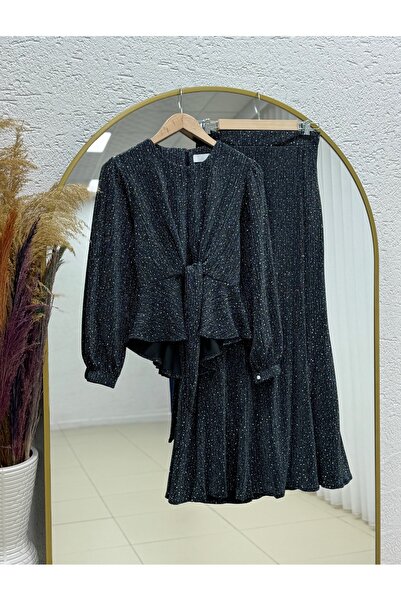 BENAHOLL Buse Front Tie-Up Sleeve Buttoned Stone Lurex Skirt Suit-Ek766 Anthr...