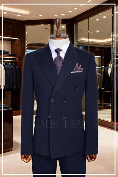 Salihtarzz İtalyan Kesim Slim Fit Lacivert Kruvaze Takım Elbise | Yaka Puntol...