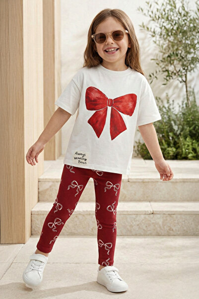 KidsSel طقم بنطلون ضيق مطبوع بشريط أحمر للفتيات - طقم علوي وسفلي