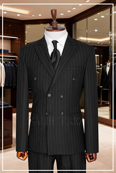 Salihtarzz İtalyan Kesim Eşref Model Çizgili Siyah Kruvaze Takım Elbise – SD4...