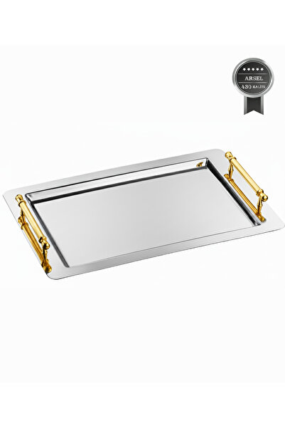 Arsel Napoli Simple Stainless Steel Tea and Coffee Serving Tray with Gold Han...