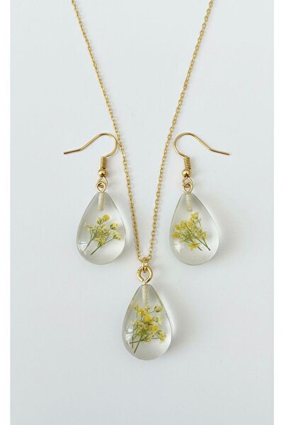 Markasız ucuz Sarı Çiçekli Reçine Damla Kolye Küpe Takı Seti | 3’lü Epoksi Set