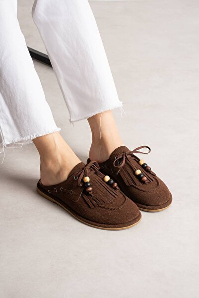 diclepolat Women's Brown Suede Sabo Slippers with Tassels and Bead Detail, Co...