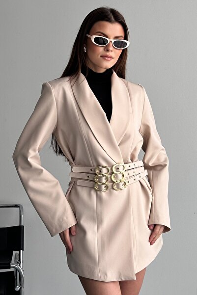 moda armanc Women's 3-Belt Blazer Jacket with Gold Buckle, Double-Breasted Cut