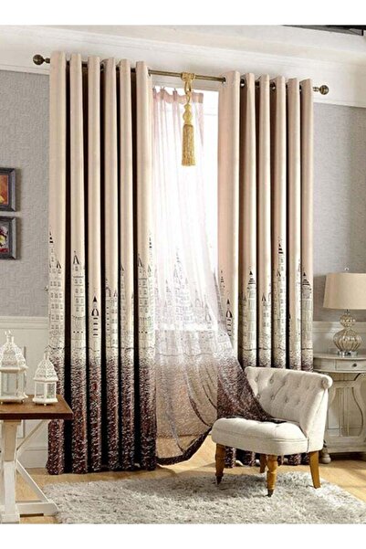 Roomlyne Castle Printed Blackout Curtain Brown/Beige 100 x 250cm