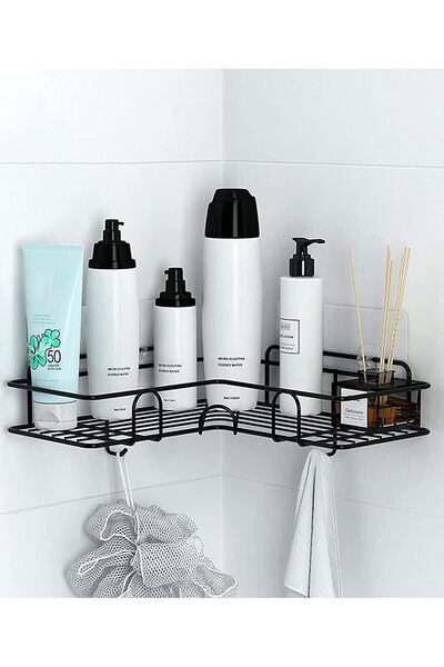 Roomlyne رف زاوية منظم للحمام، أسود اللون، مزود بعلاقة جانبية