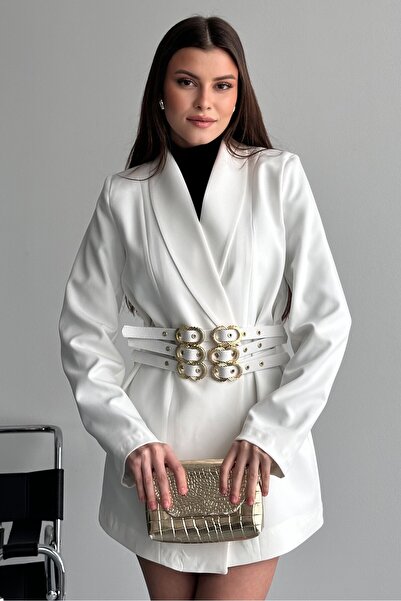 moda armanc Women's 3-Belt Blazer Jacket with Gold Buckle, Double-Breasted Cut