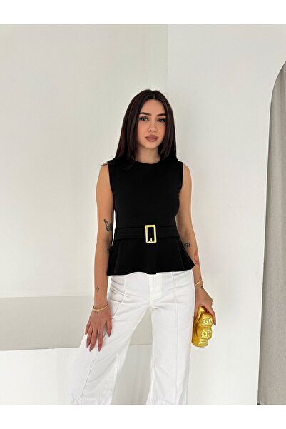 gozdefashion Women's Belt Detailed Flounce Blouse