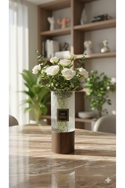 NEWNOW Acacia Base Glass Vase Decorative Transparent Glass Vase Modern Table ...