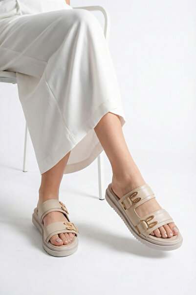 Riccon Women's Double Buckle Slippers 00120415 Beige