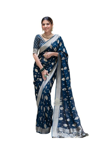 MYSMAR Blue Banarasi Silk Jacquard Saree - KTZ6036 | Blue