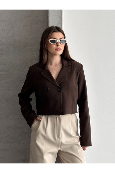 timagna Kadın Kısa Blazer Ceket Çift Düğmeli Uzun Kollu Kısa Ceket