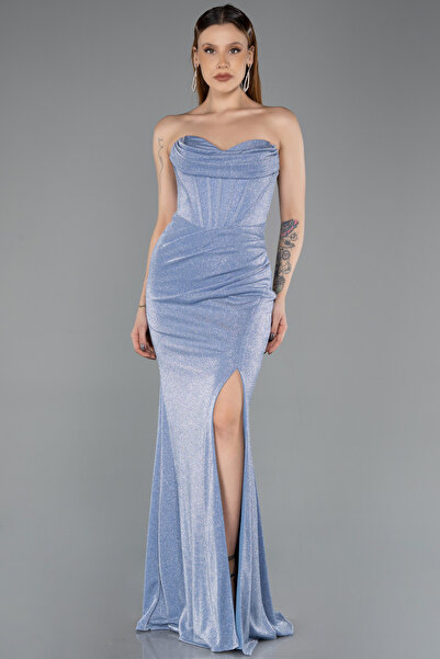 Abiyefon İndigo Straplez Bacak Dekolteli Uzun Simli Abiye Elbise ABU5620