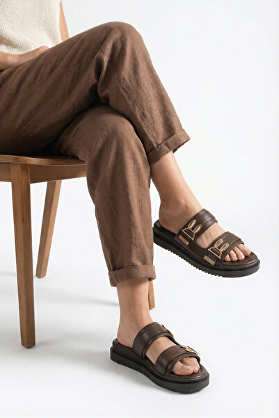 Riccon Women's Double Buckle Slippers 00120415 Brown