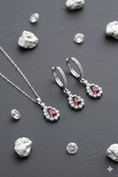 ADA LİFE GÜMÜŞ (ÖZEL KUTULU) 925 Ayar Gümüş Damla Kırmızı Taşlı Model Zirkon ...