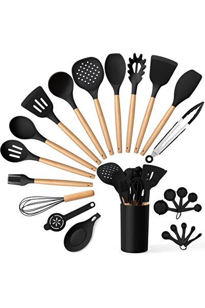 Roomlyne E-far Black Kitchen Utensils Set with Holder, 25-Piece Silicone Cook...