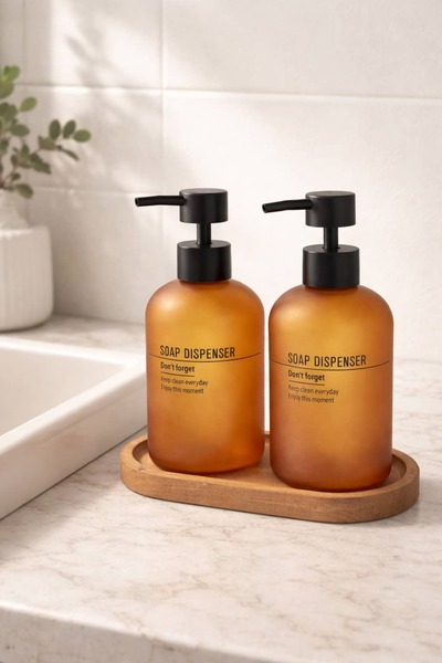 BUCOLIC Amber Set of 2 Soap Dishes – with Wooden Stand