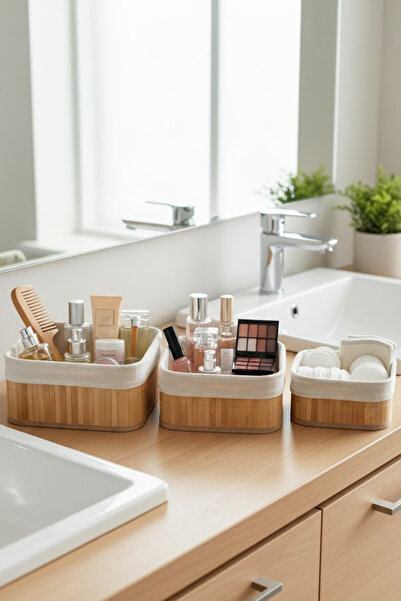 Nuha Home 3’lü Hasır İç Astarlı Düzenleyici Sepet Seti Krem