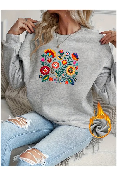 WESTİMO Women's Anatolian Flowers Printed Oversize Crew Neck Sweatshirt