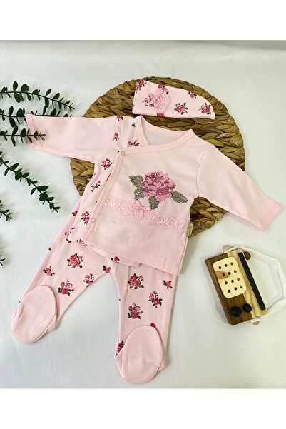 Babyim YENİDOĞAN KIZ BEBEK ZIBIN-BERE-PATİKLİ ALT 3’LÜ TAKIM %100 PAMUKLU
