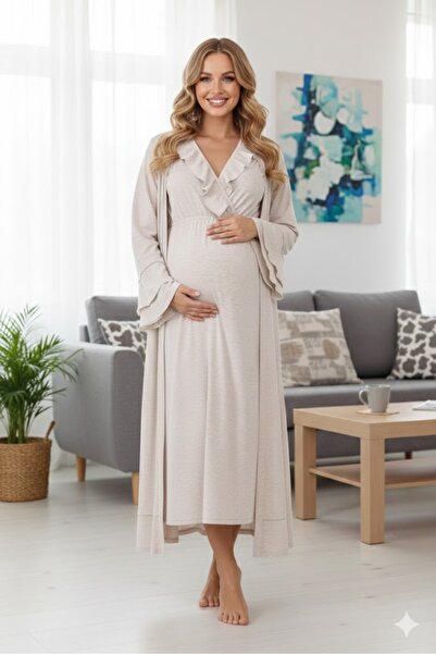 LOHOUSE Women's Beige Kravuze Collar 2-Piece Maternity Set with Dressing Gown