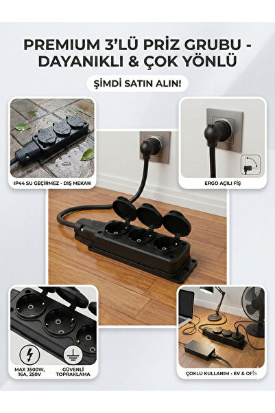 Gündüz Elektromarket 3x2,5 mm Kalın Kablolu 1,5 Metre Üçlü Uzatma Kablosu – I...