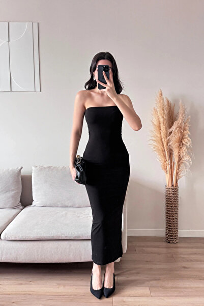 MOZENA Strapless Long Sandy Dress with Slit at the Back
