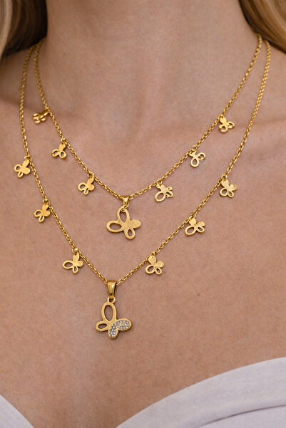 Zeraf Takı Zeraf Altın Kaplama Çoklu Kelebek Figürlü Çelik Şık Kadın Kolye He...