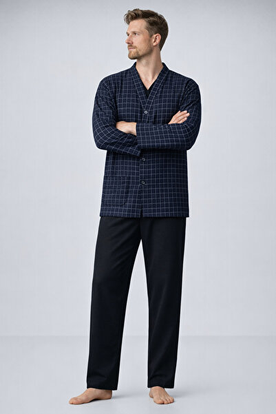 COMBİNE MİCHAİL Ανδρικό σετ πιτζάμες με μοτίβο σε σκούρο μπλε χρώμα και τσέπες