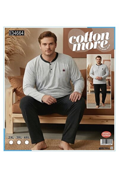 Cotton More Opened Single Jersey King Size Men's Pajamas Long Sleeve with 3 B...