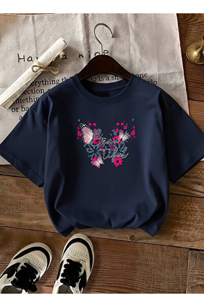 caddekombin Women's Oversize Fuchsia Butterfly Beam Printed Navy Blue T-Shirt